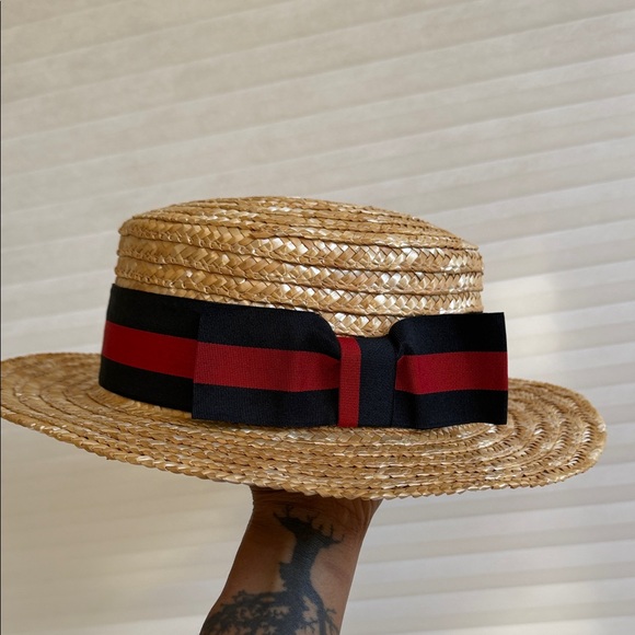 Vintage Straw Boater Hat | Black & Red Ribbon | Classic Skimmer Style - Picture 1 of 3